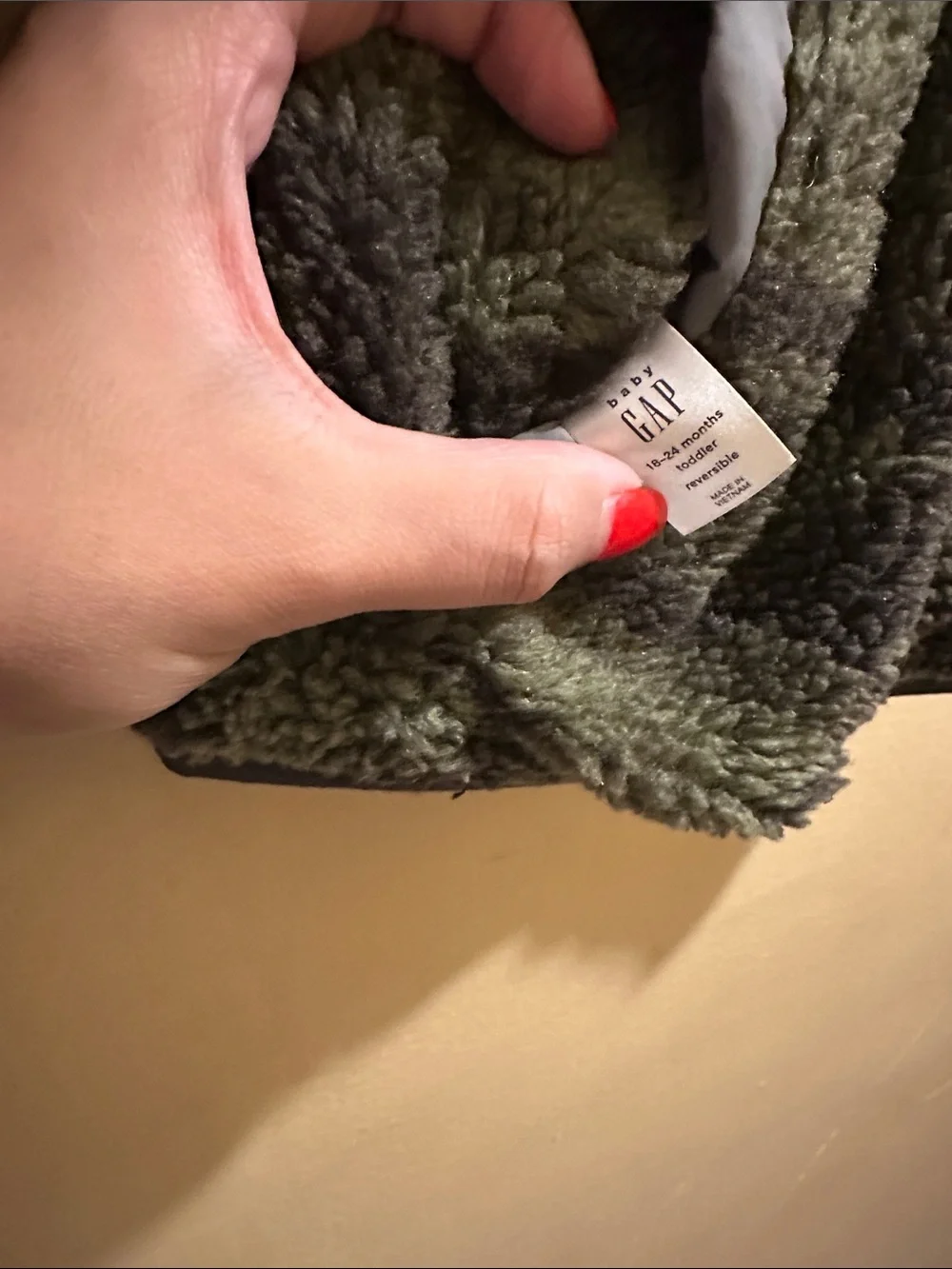 GAP Olive Green Sherpa Puffer Jacket with Gray Trim
